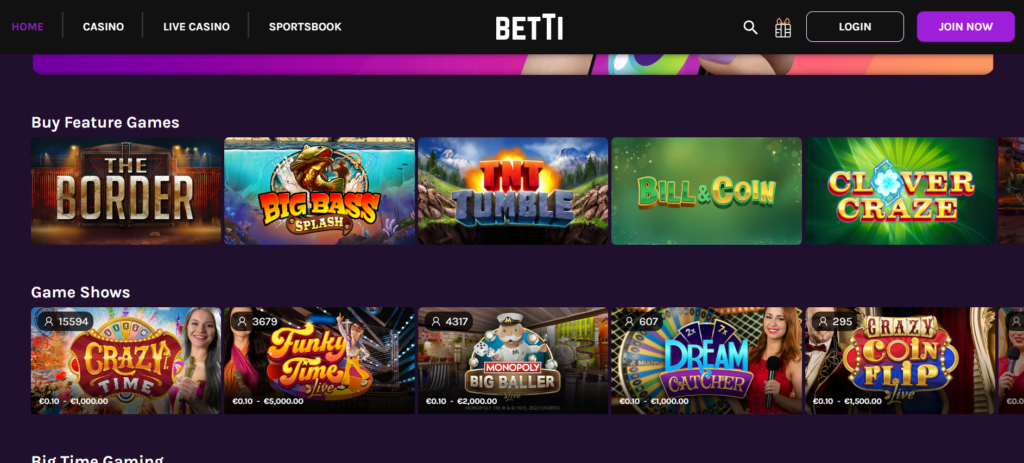 Betti Casino main page